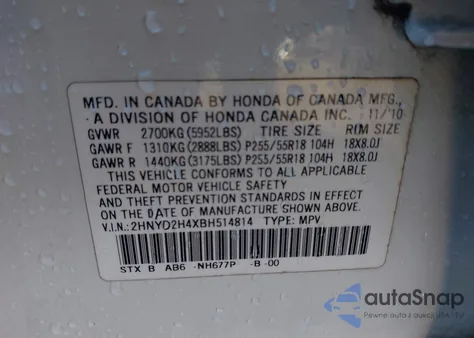 2011 Acura Mdx Technology Package from USA, damaged, VIN 2HNYD2H4XBH514814